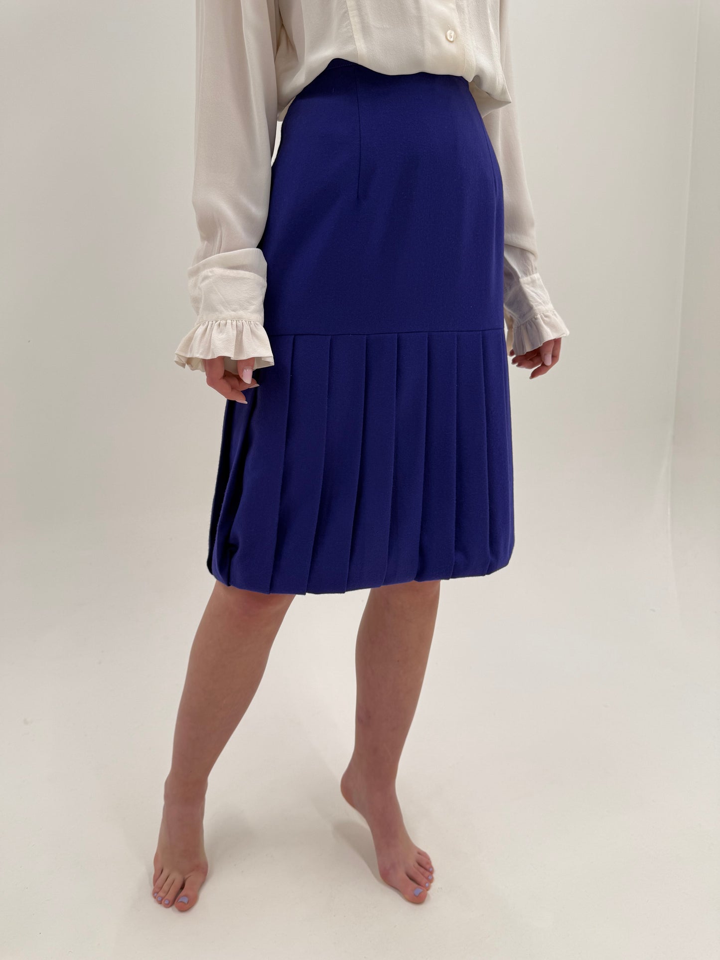 Fustă vintage plisată indigo cu talie ultra înaltă din lana extrafina