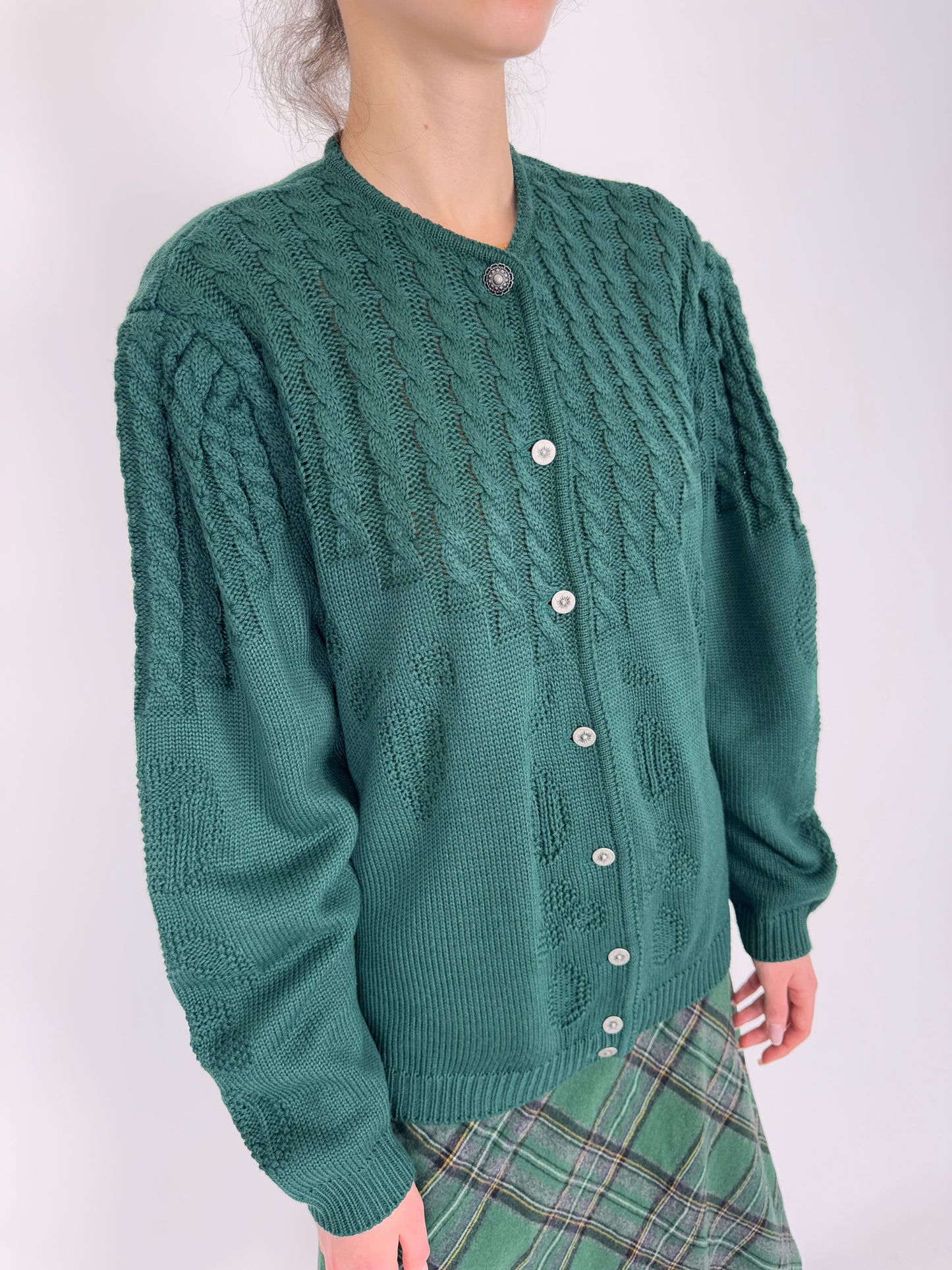 Cardigan vintage pine green din mix de lana extrafina gros