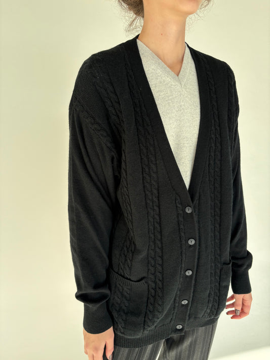 Cardigan negru de gramaj mare cu torsade din lana extrafina