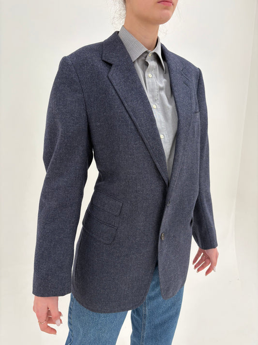 Sacou vintage Burberry jeans blue din stofă de lana pura structurată în croi actual