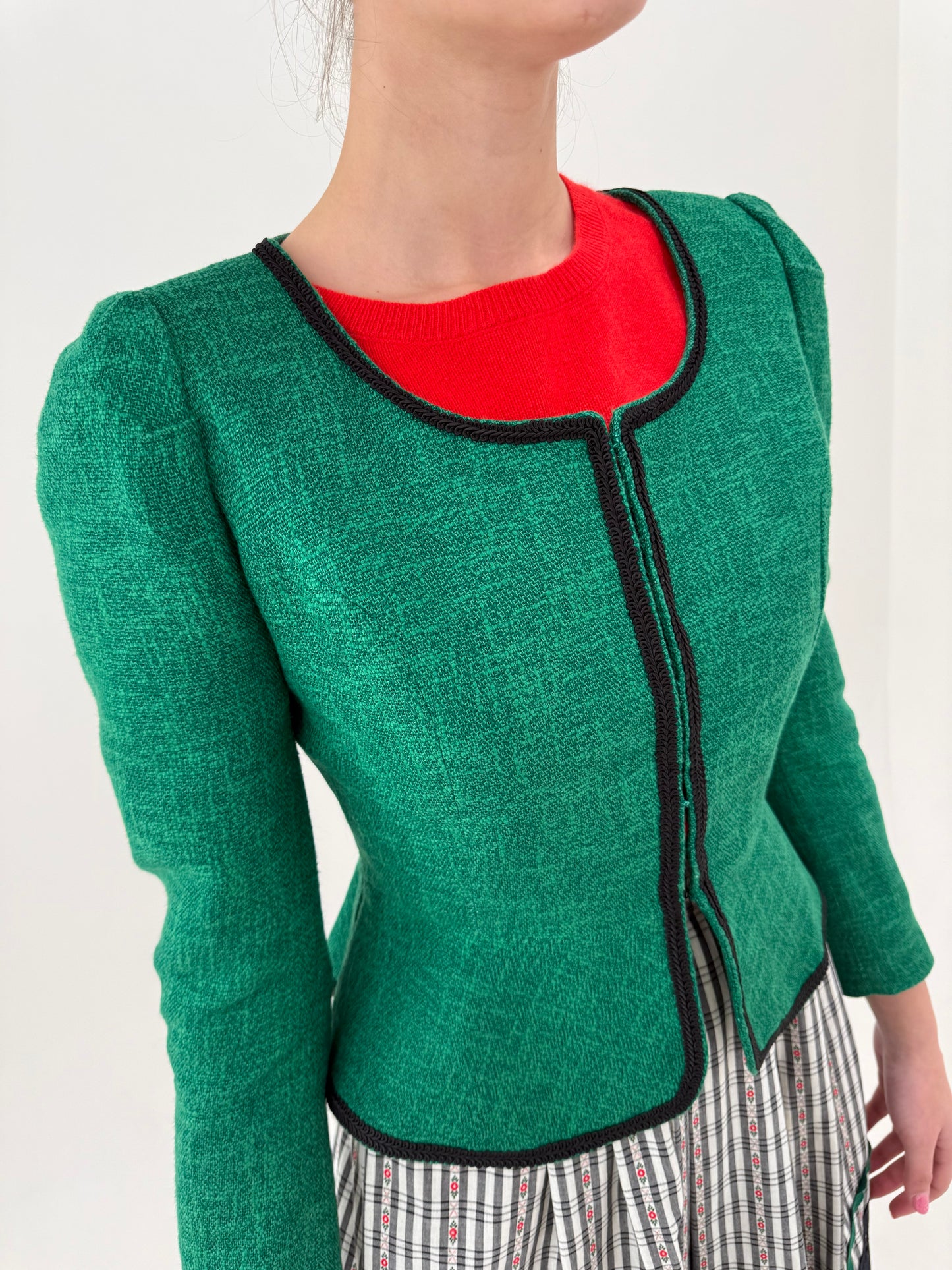 Sacou vintage din pânză ultra cambrat verde smarald excepțional