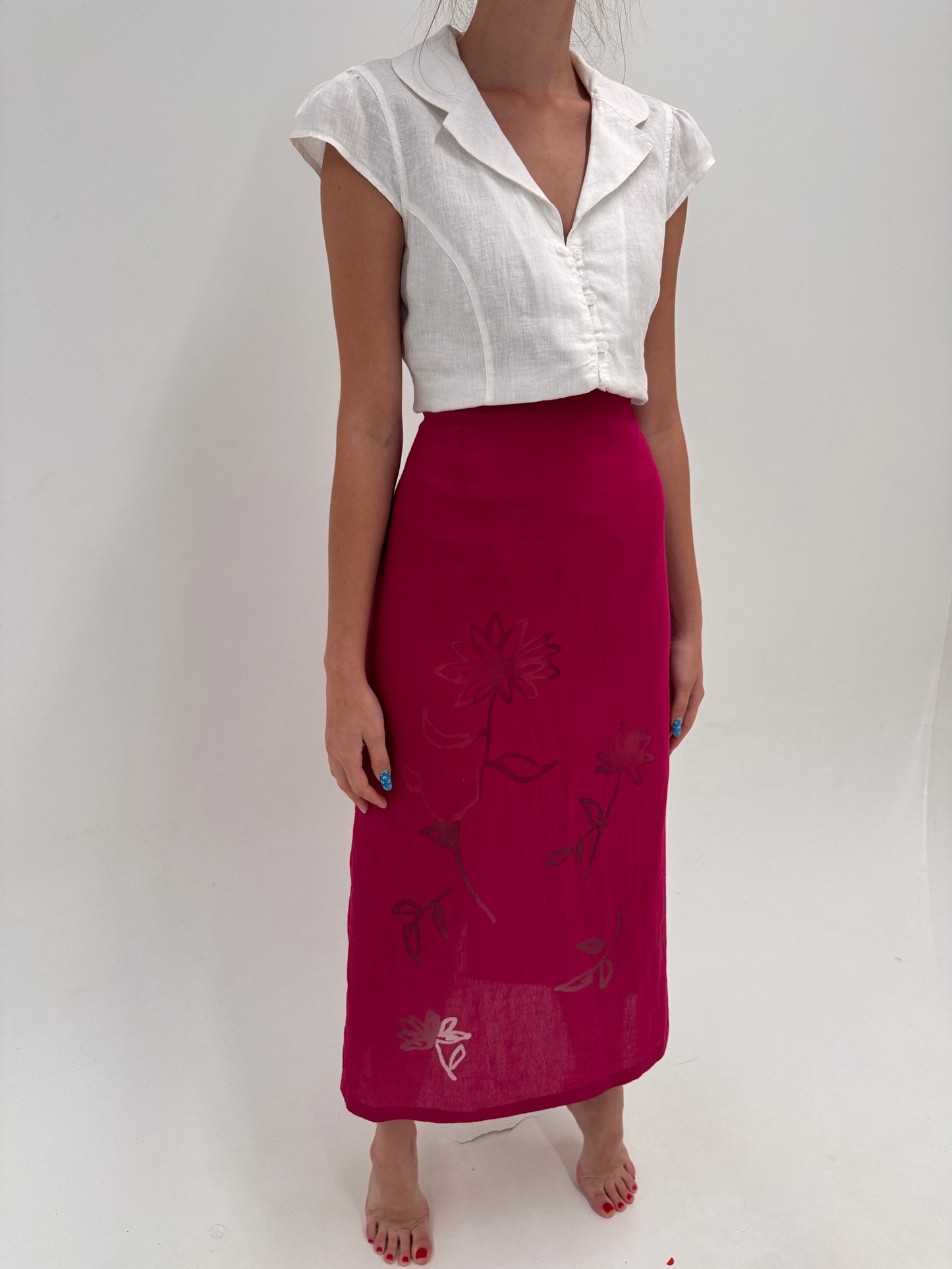 Fustă maxi magenta cu inserții de organza în croi clasic