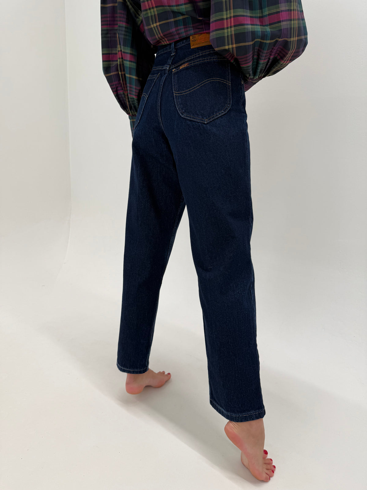 Jeans vintage tall straight leg dark wash din bumbac gros cu talie ultra înaltă