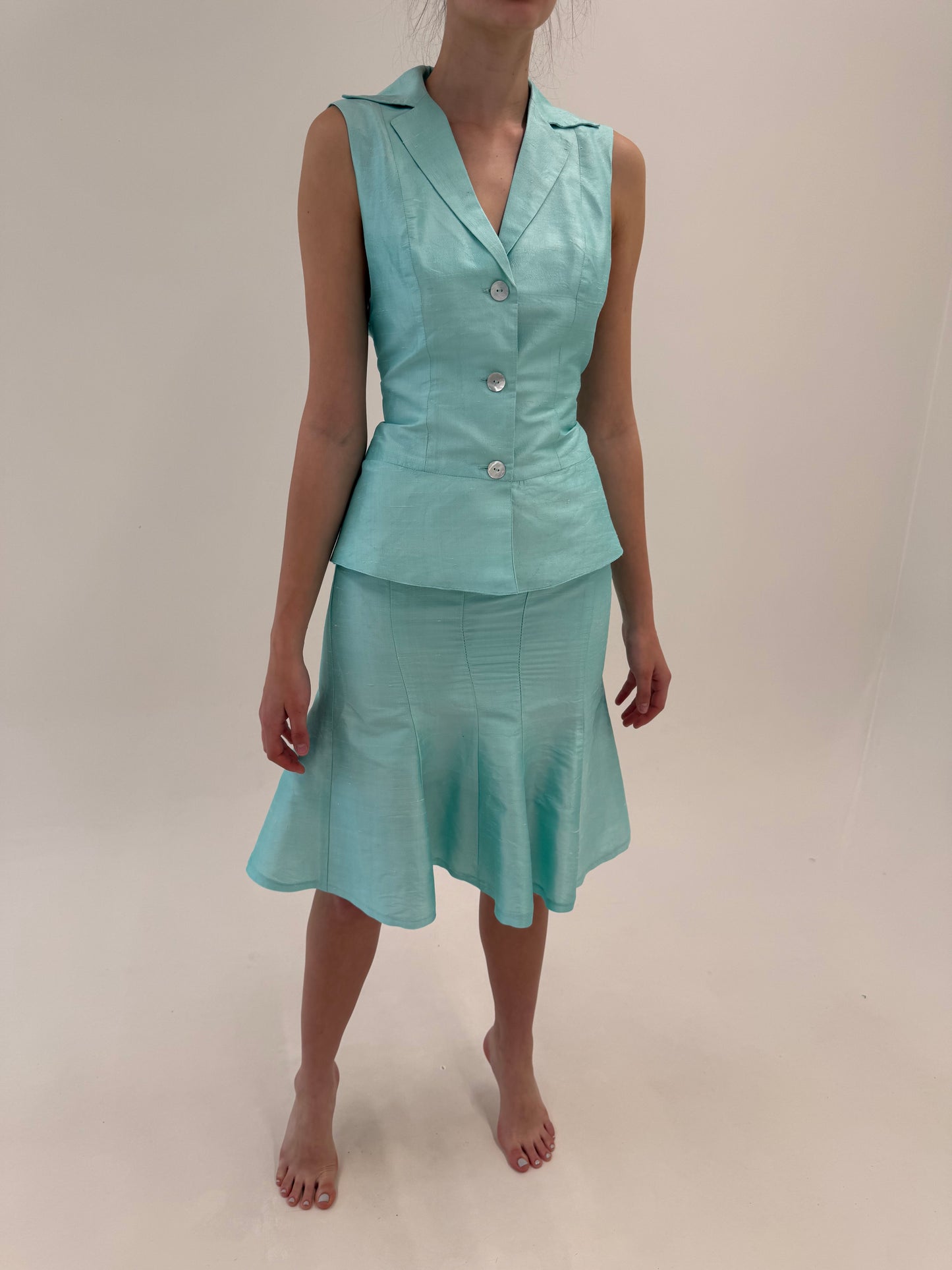 Deux piece din mătase naturală dupioni mint green super feminin