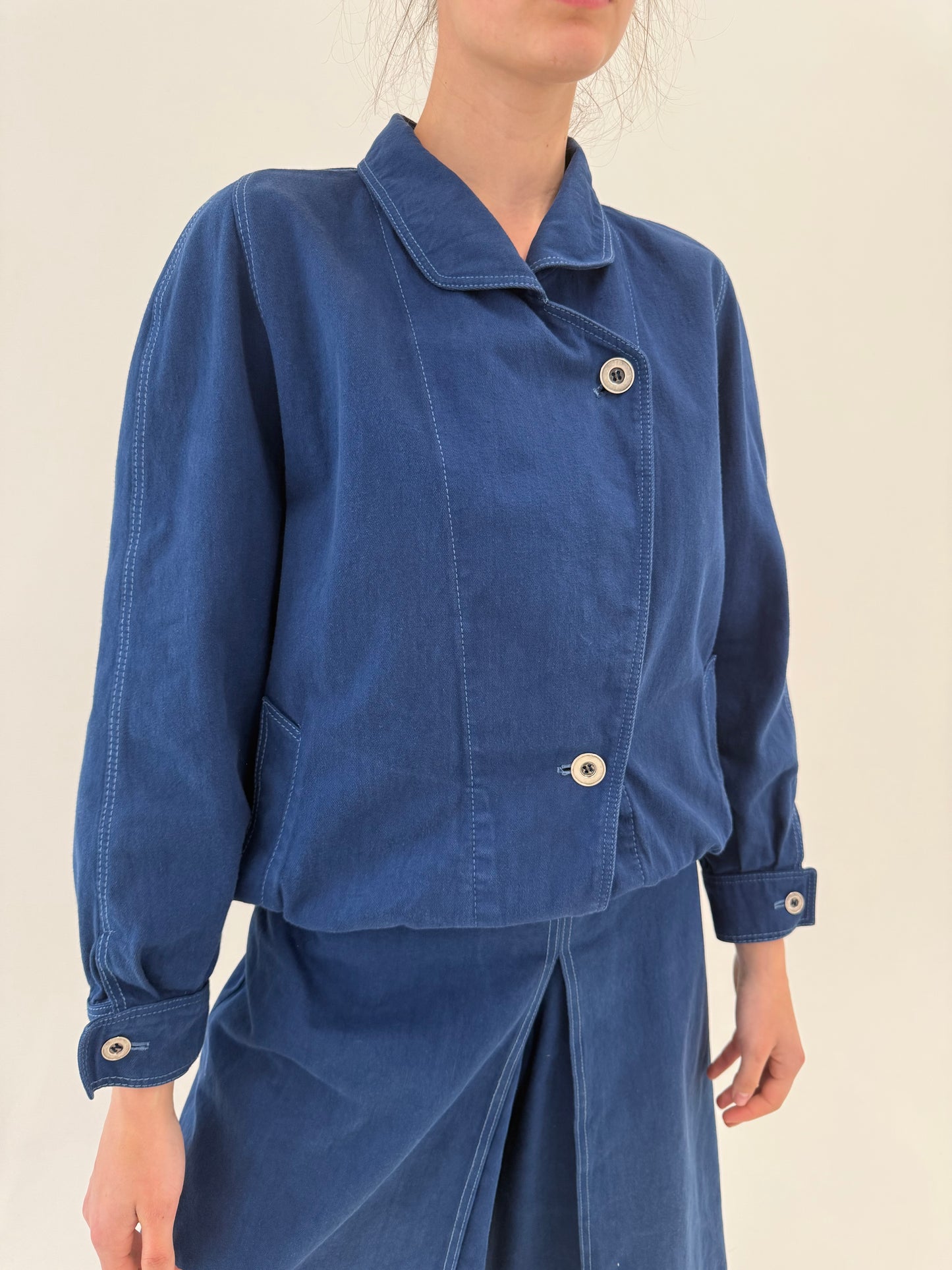 Set vintage luxury Delmod din jeans indigo wash cu fustă pantaloni midi