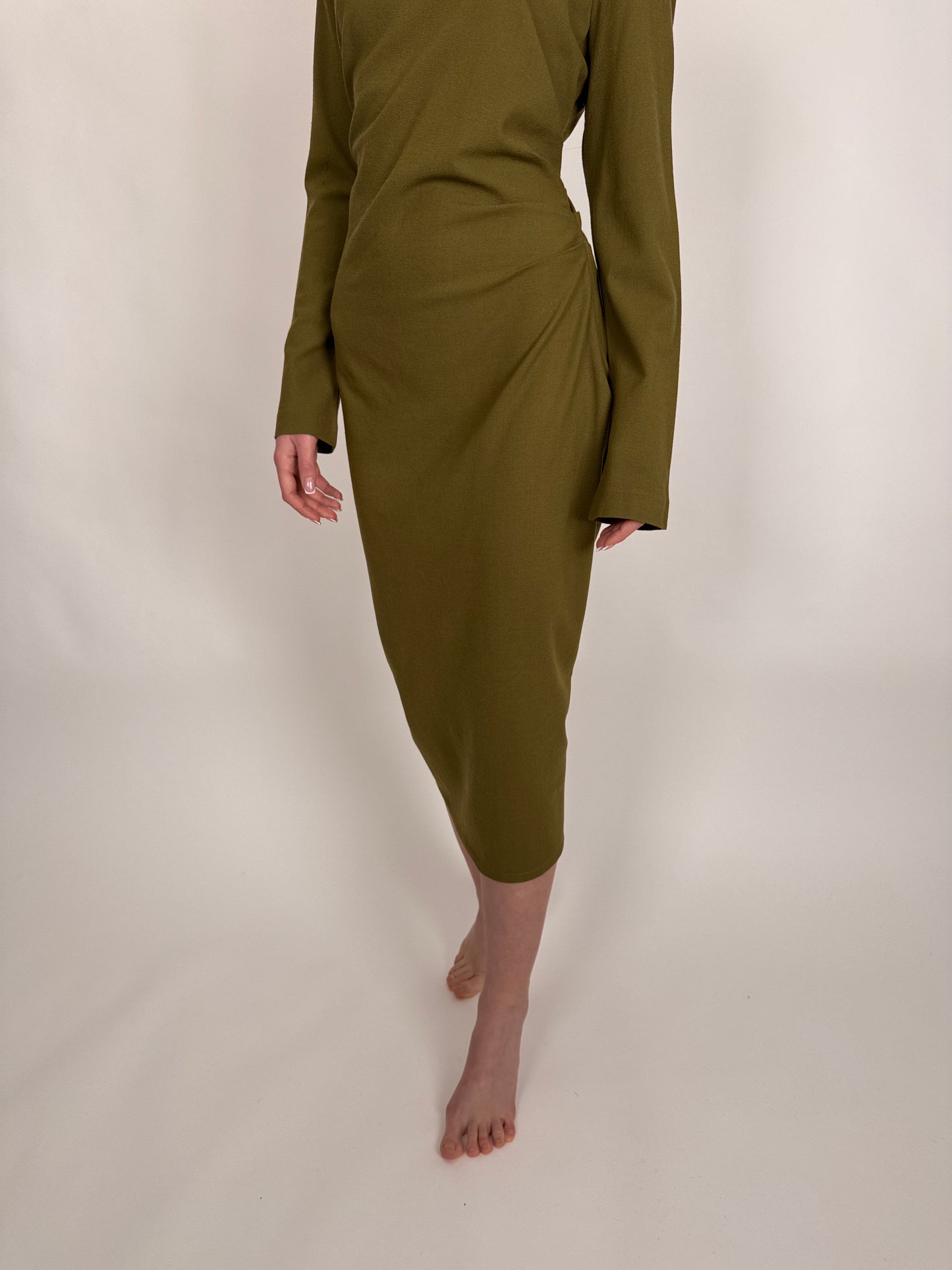 Rochie kaki din lanita extrafina strech cu fronseu