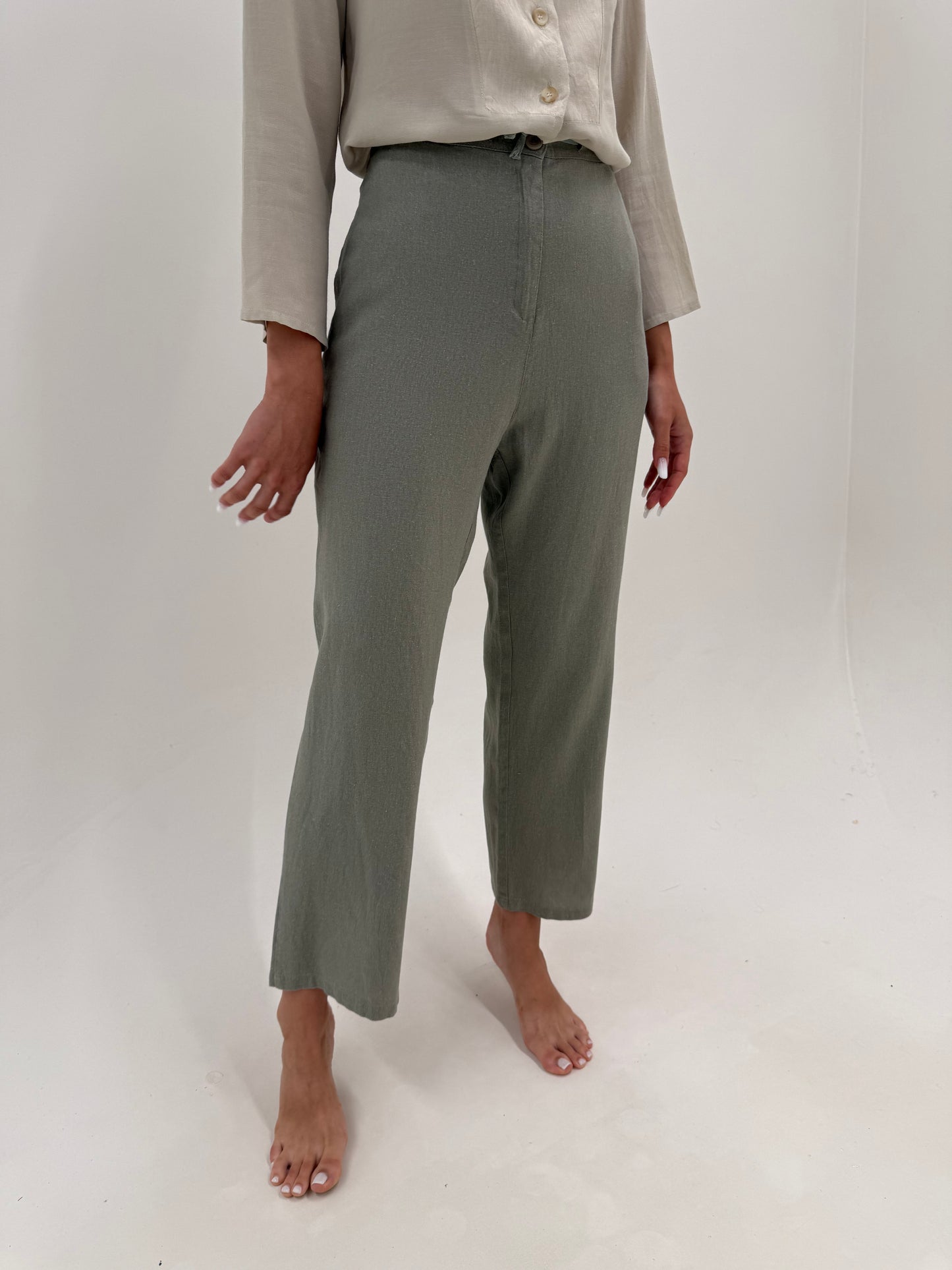 Pantaloni Sage green din in premium cu talie înaltă reglabilă