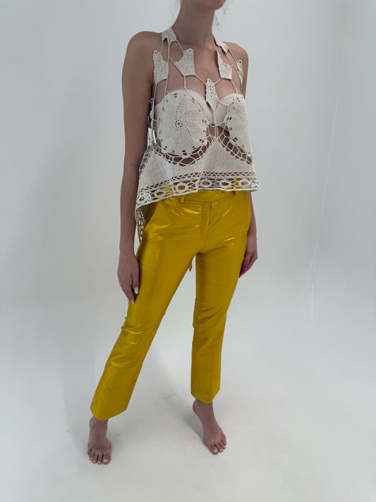 Pantaloni luxury de designer vintage italian din mătase naturală aurie spectaculoasă