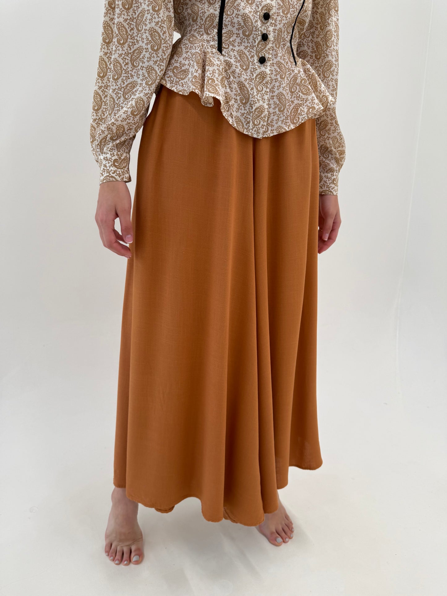 Pantaloni palazzo ultra ampli super vaporoși caramel brown cu talie ultra înaltă