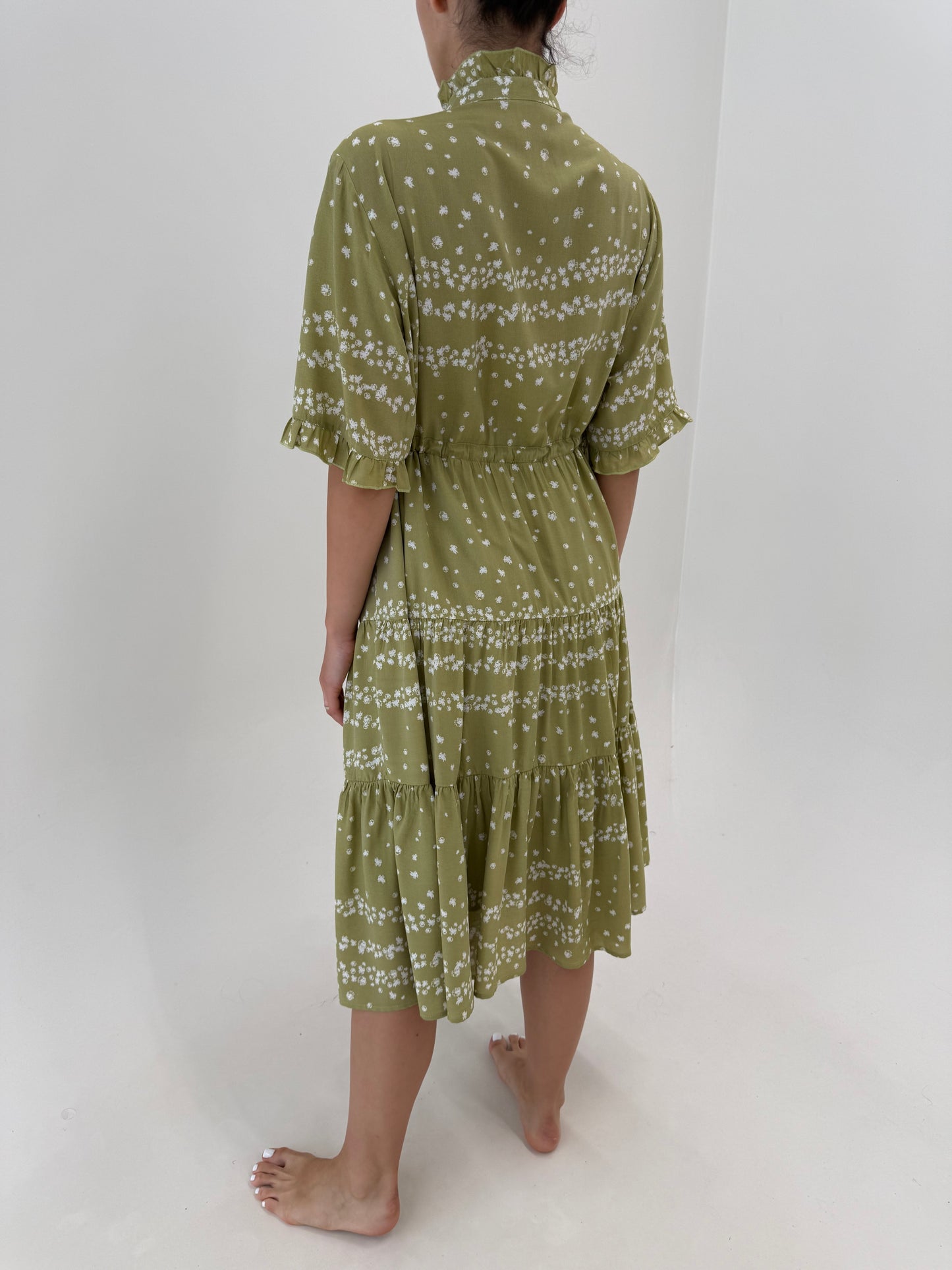 Rochie verde olive cu print fin, jabou si talie ultra înaltă reglabilă