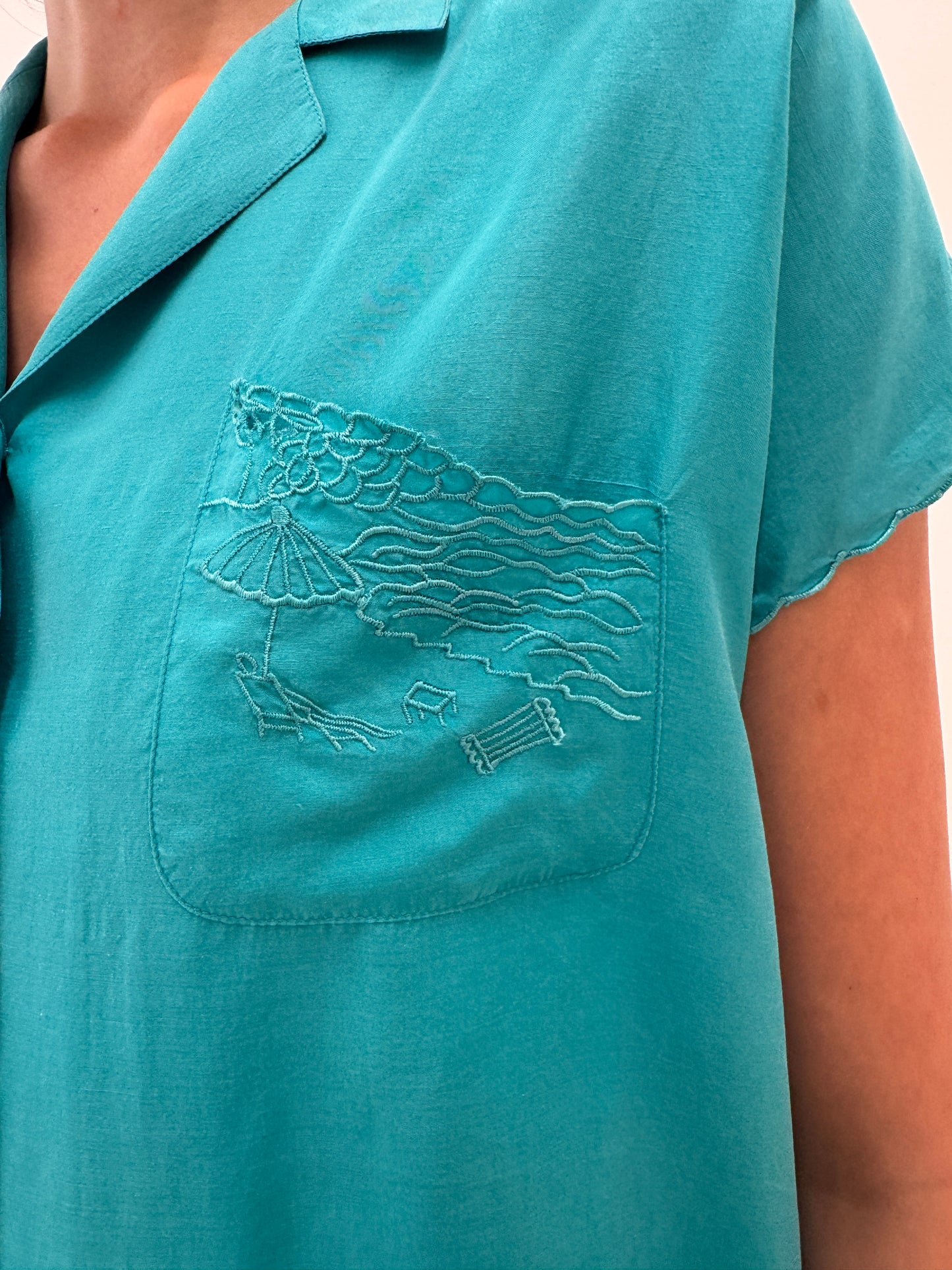 Cămașa vintage aqua blue  din mătase naturală în croi lejer