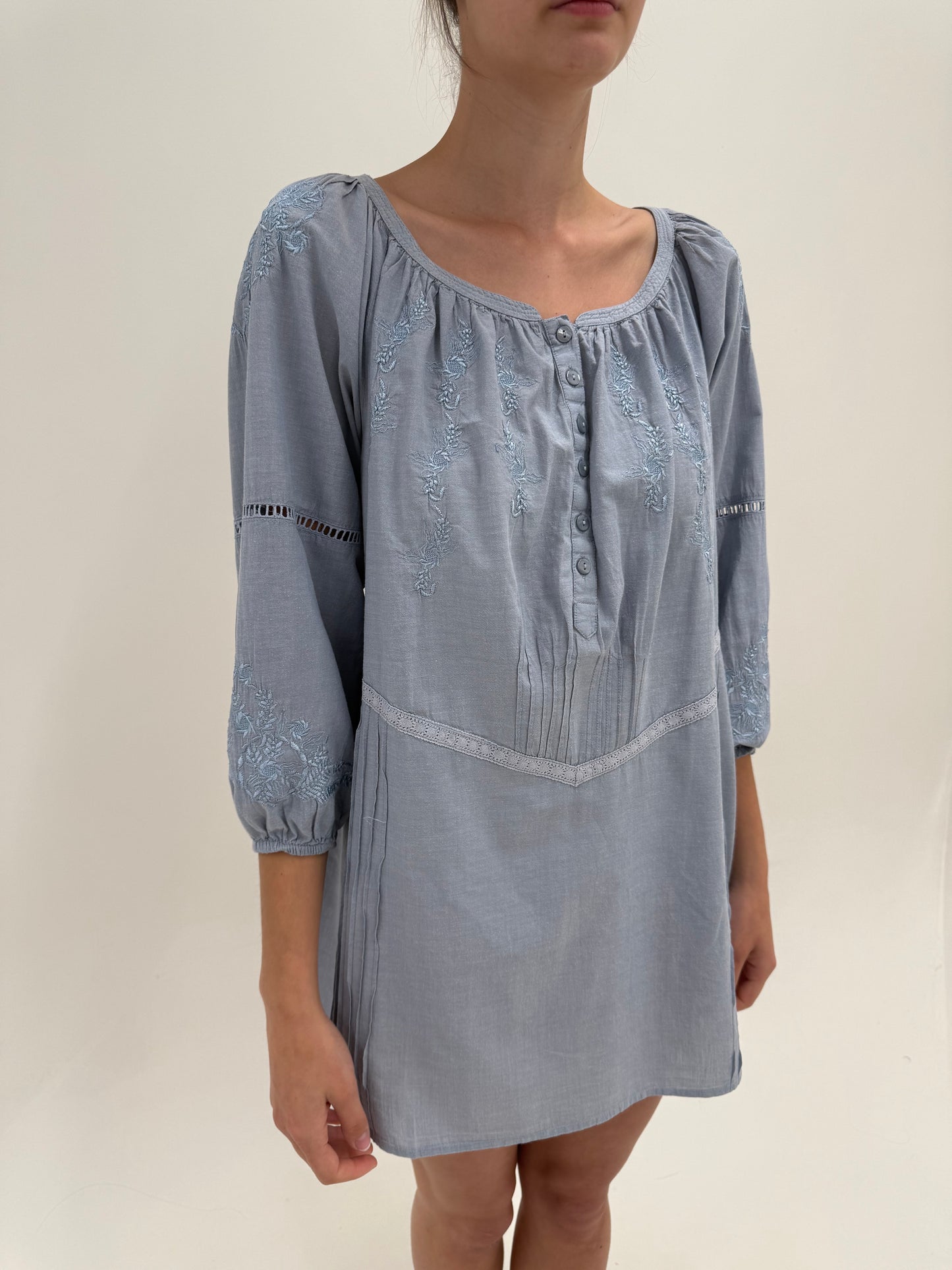 Tunica boho jeans blue din pânză de bumbac moale cu broderie