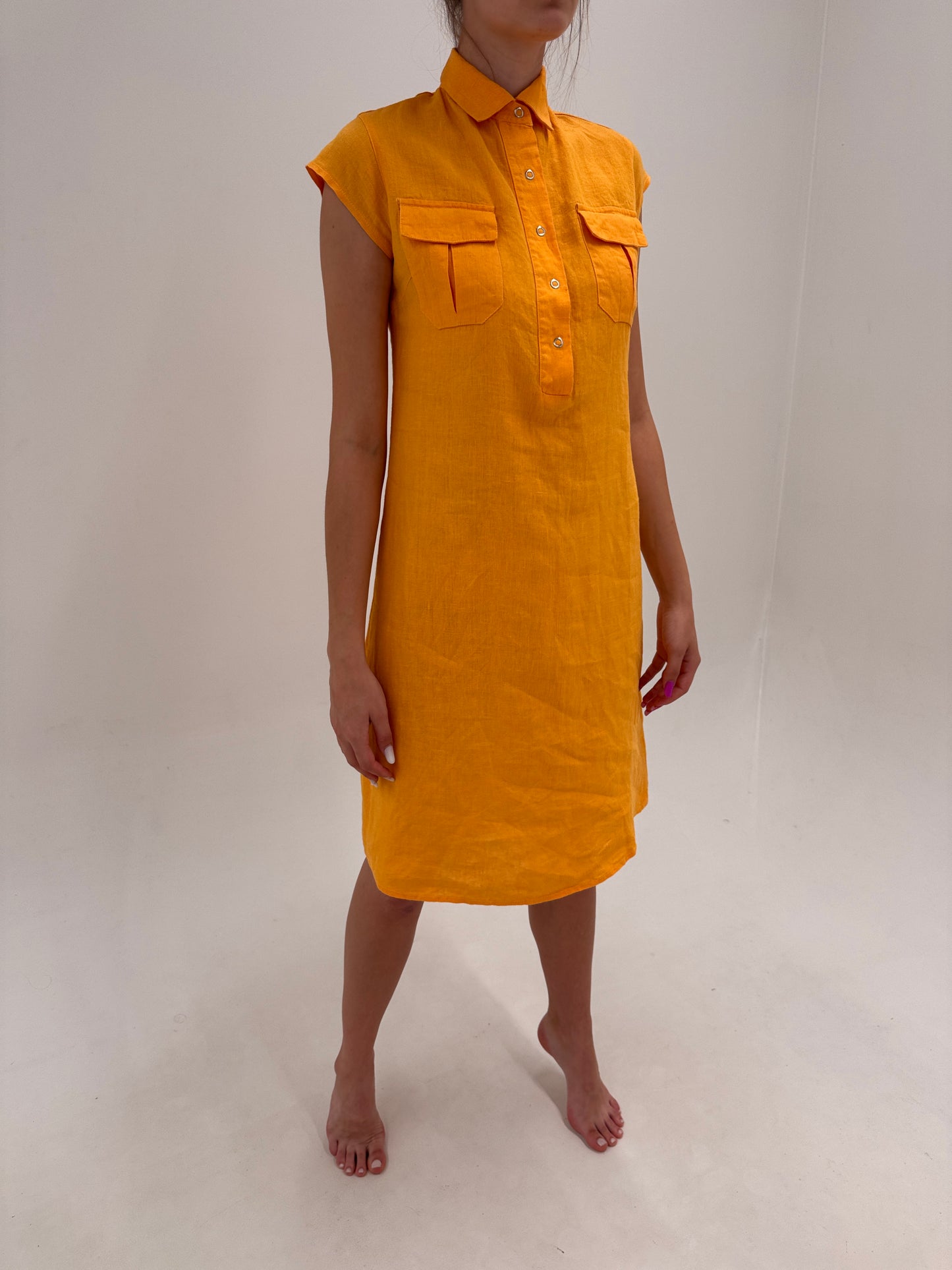 Rochie oranj in stil Safari din pânză premium de in în croi lejer