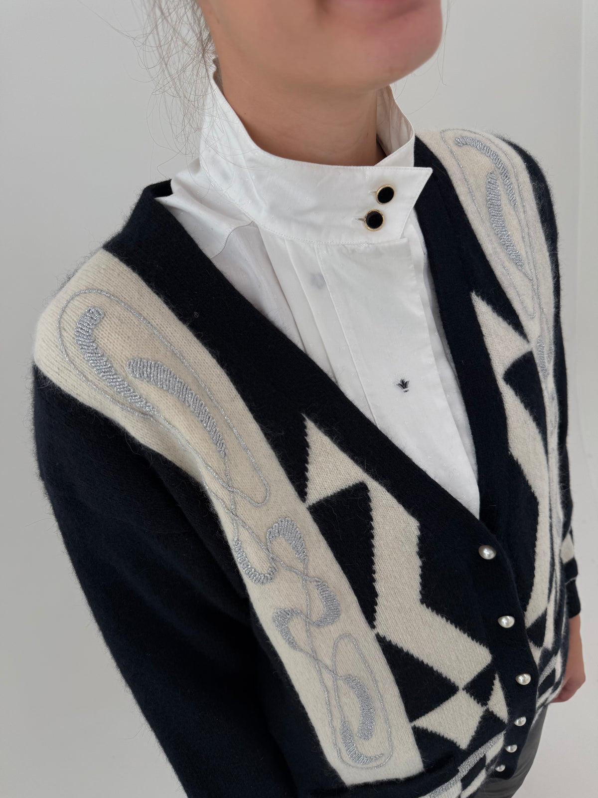 Cardigan vintage din lana extrafina și Angora petite cu print alb negru