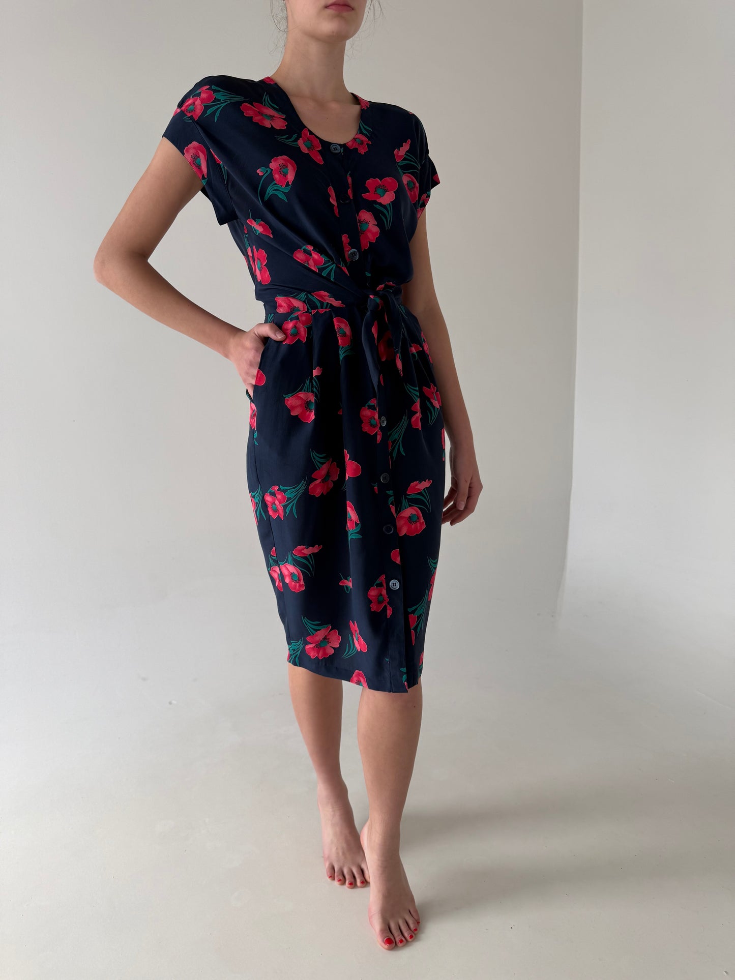 Rochie italiană din mătase naturală cu print floral superb și talie ușor reglabilă