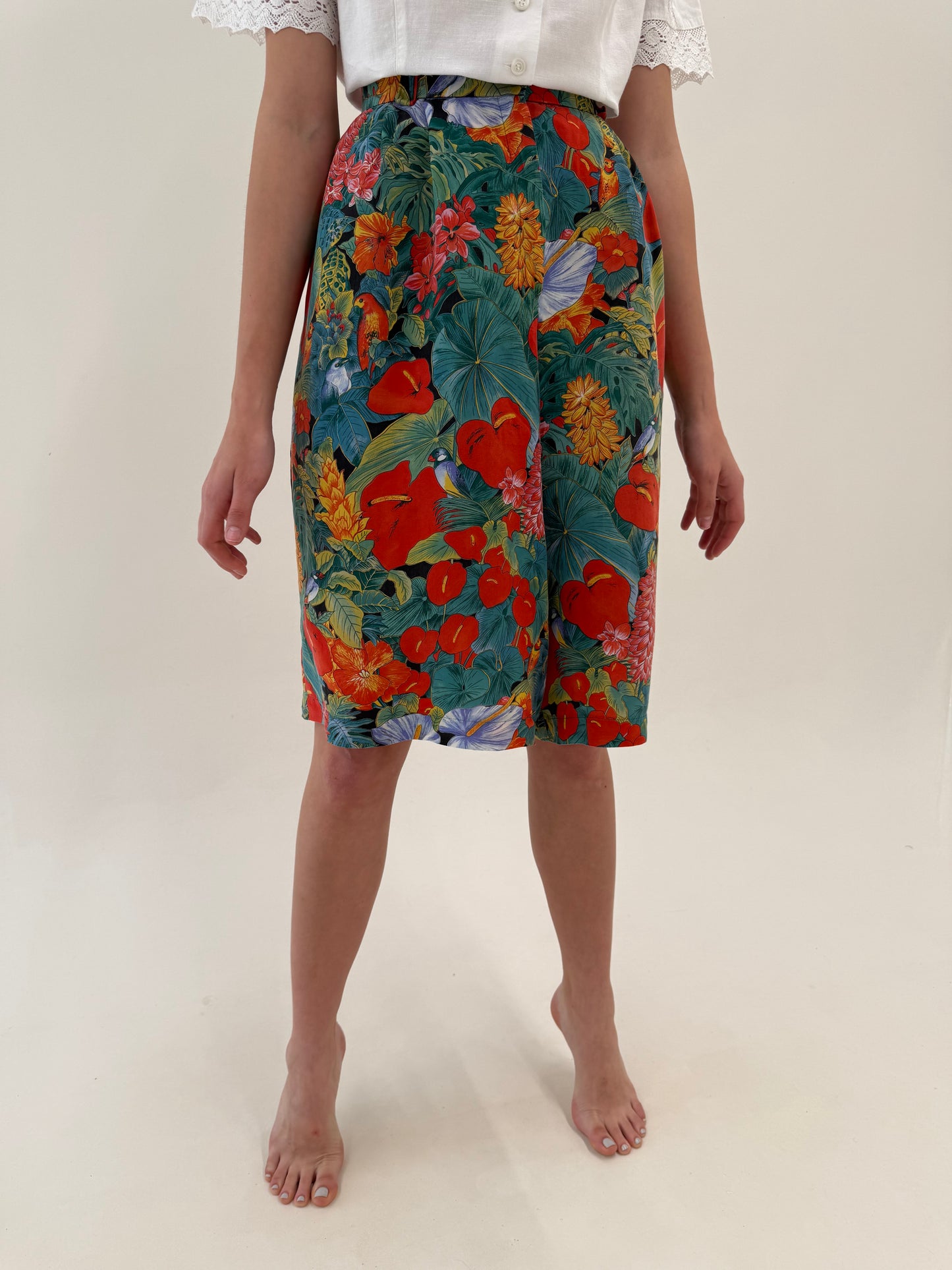 Pantaloni midi din mătase naturală cu print floral superb și talie ultra înaltă