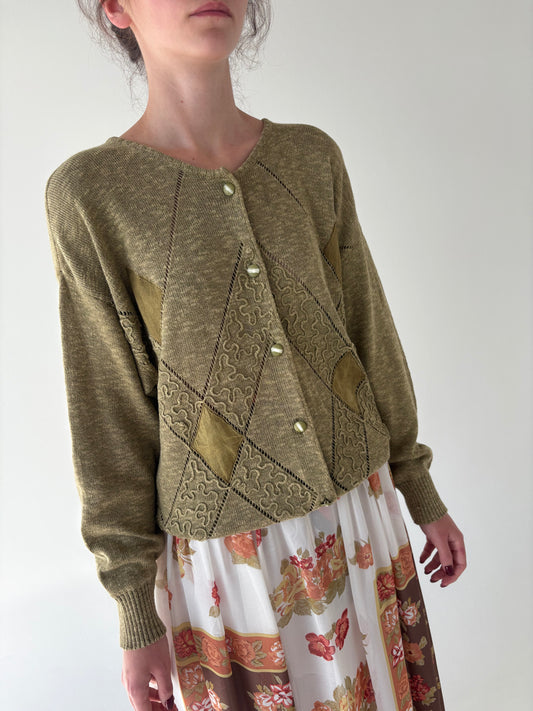 Cardigan vintage seaweed green italian lucrat patchwork și 3D