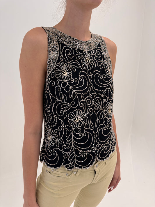 Top negru vintage bijuterie integral cu aplicații manuale nude