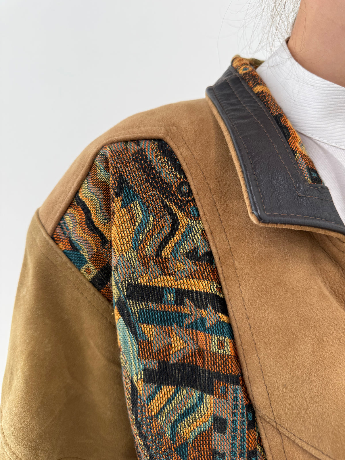 Geaca biker petite vintage camel din piele naturală și brocart