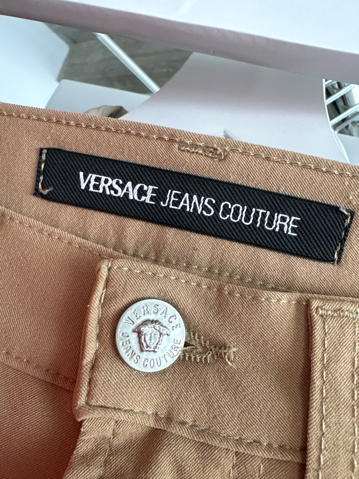 Pantaloni tall Versace vintage camel din material plin ultra modelator straight leg