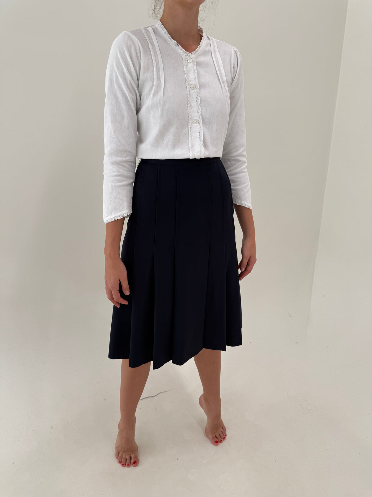 Fustă plisată midi Navy blue din twill extrafin de lana