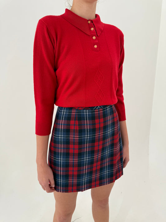 Fustă mini din tartan de lana în combinație clasică de culori tari