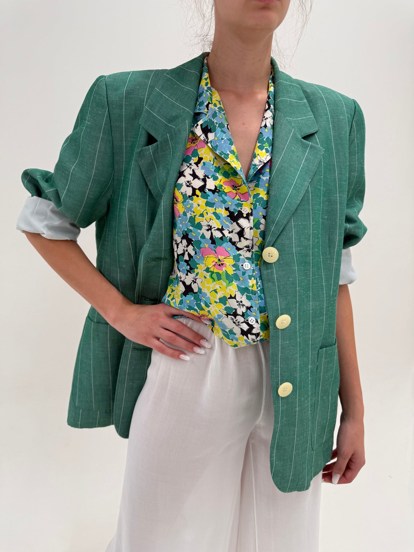 Sacou italian emerald green în dungi fine verticale din pânză