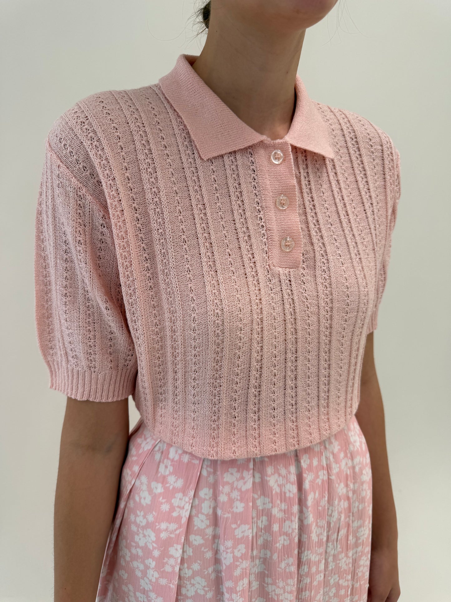 Top vintage polo din jerse dantelat powder Pink