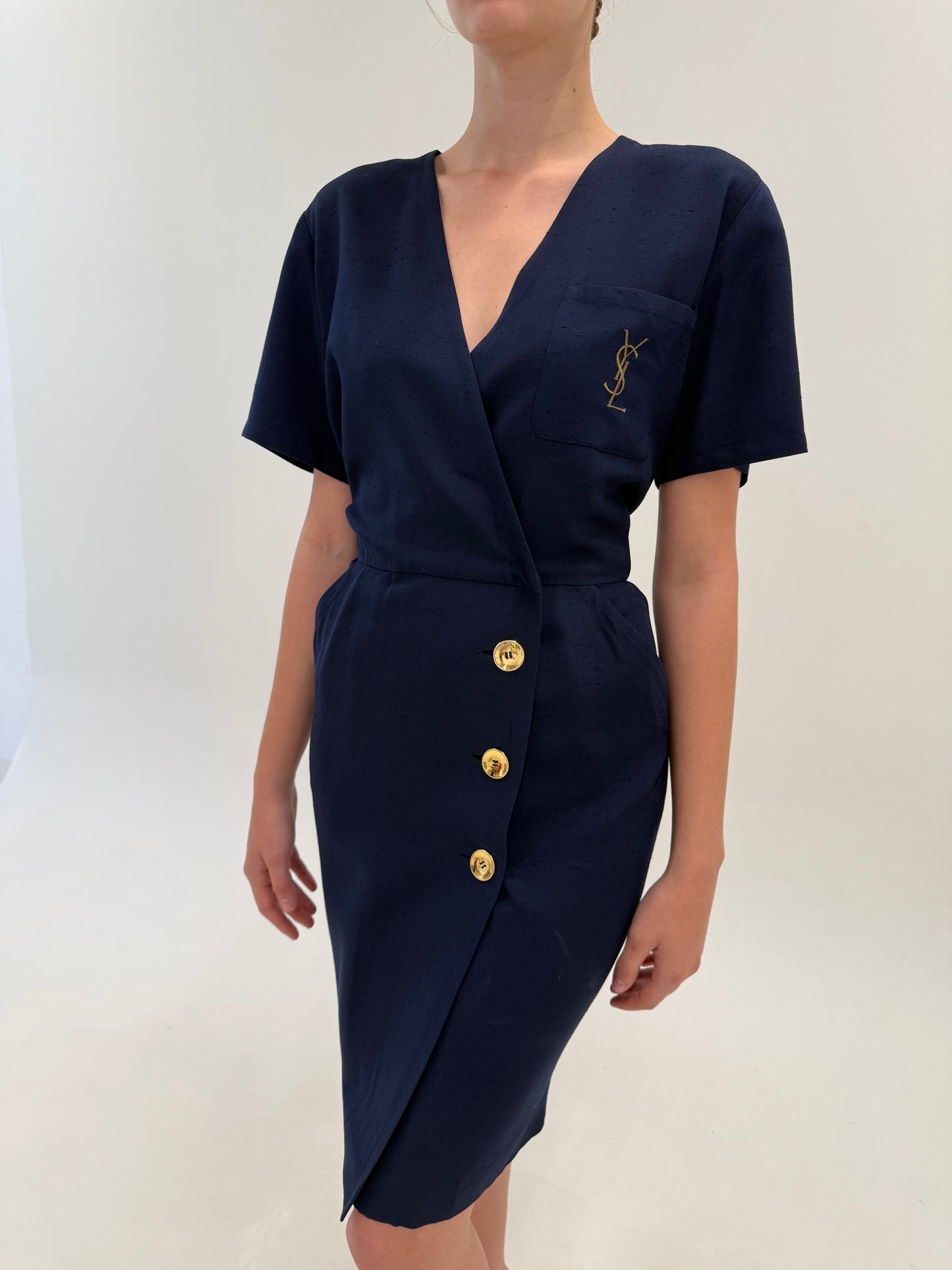 Rochie vintage Yves Saint Laurent în croi petrecut de colecție din pânză de in