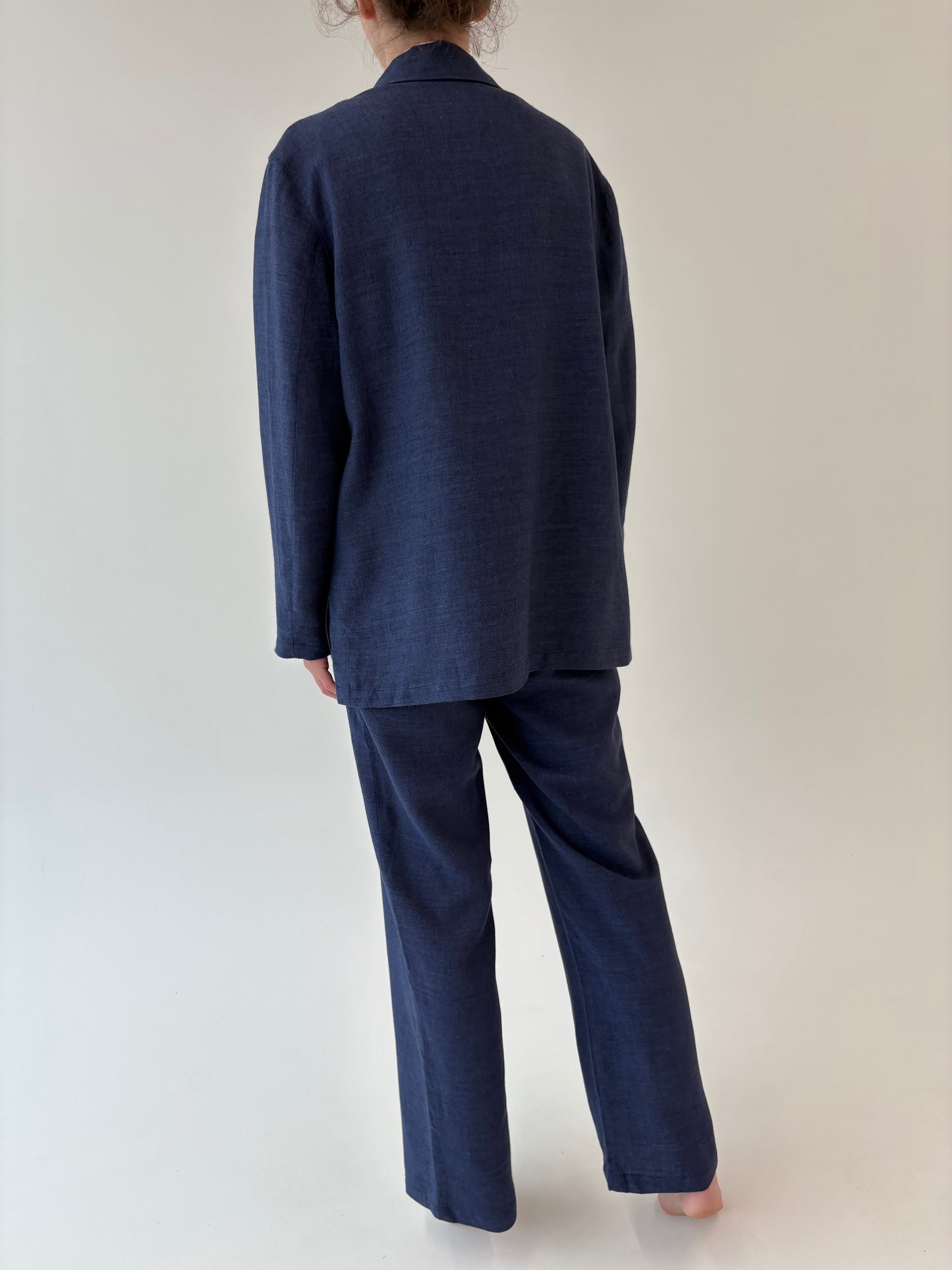 Costum tall jeans blue din pânză cu in în croi clasic