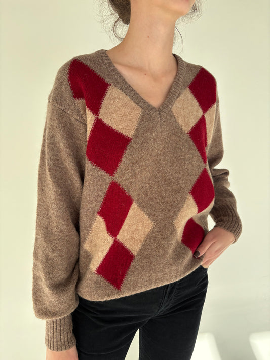 Pulover din lana groasă dark nude cu romburi și manșete îngustate