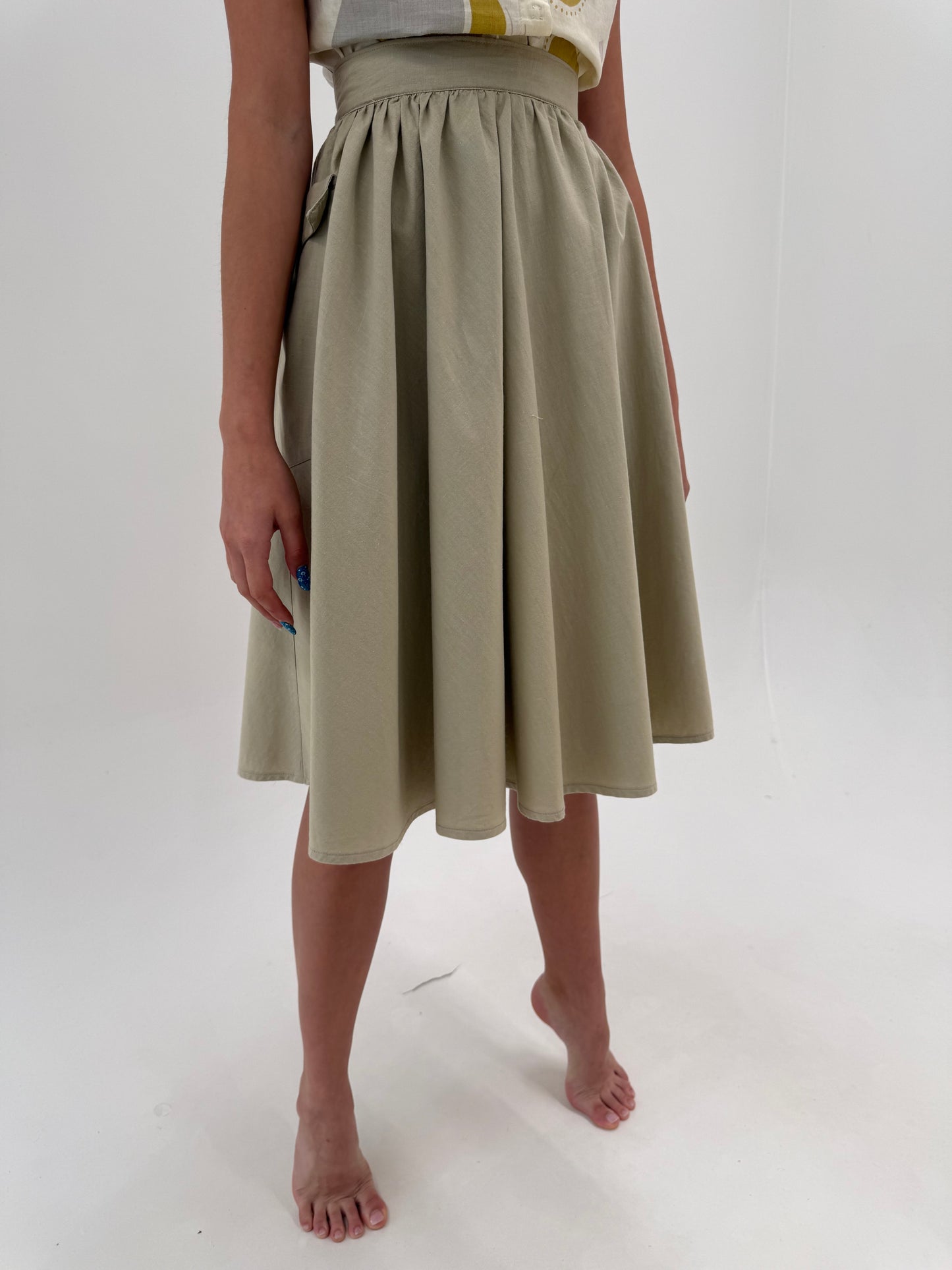 Fustă vintage italiană cu influențe casual din canvas de bumbac și talie ultra marcată