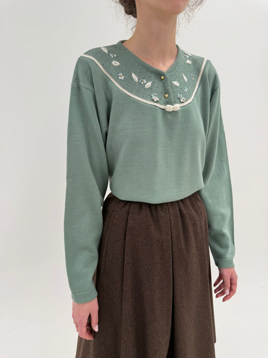 Pulover mint green cu broderie și aplicații manuale din lana extrafina