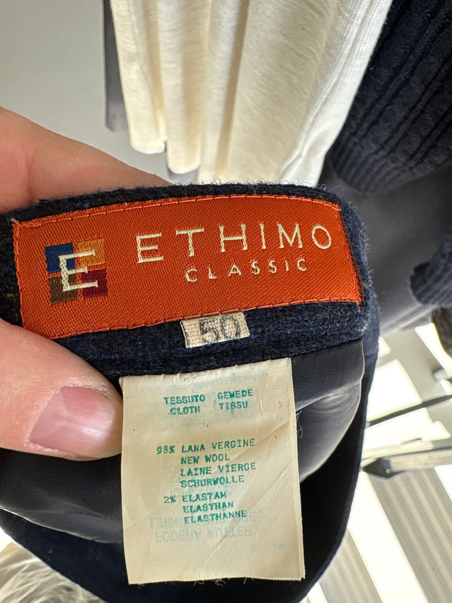 Sacou din lana plină extrafina Navy cu inserții camel și talie ultra înaltă