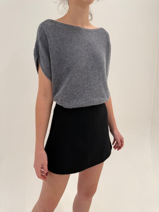 Fustă mini neagră din boiled wool gros și extrem de fin cu talie ultra înaltă