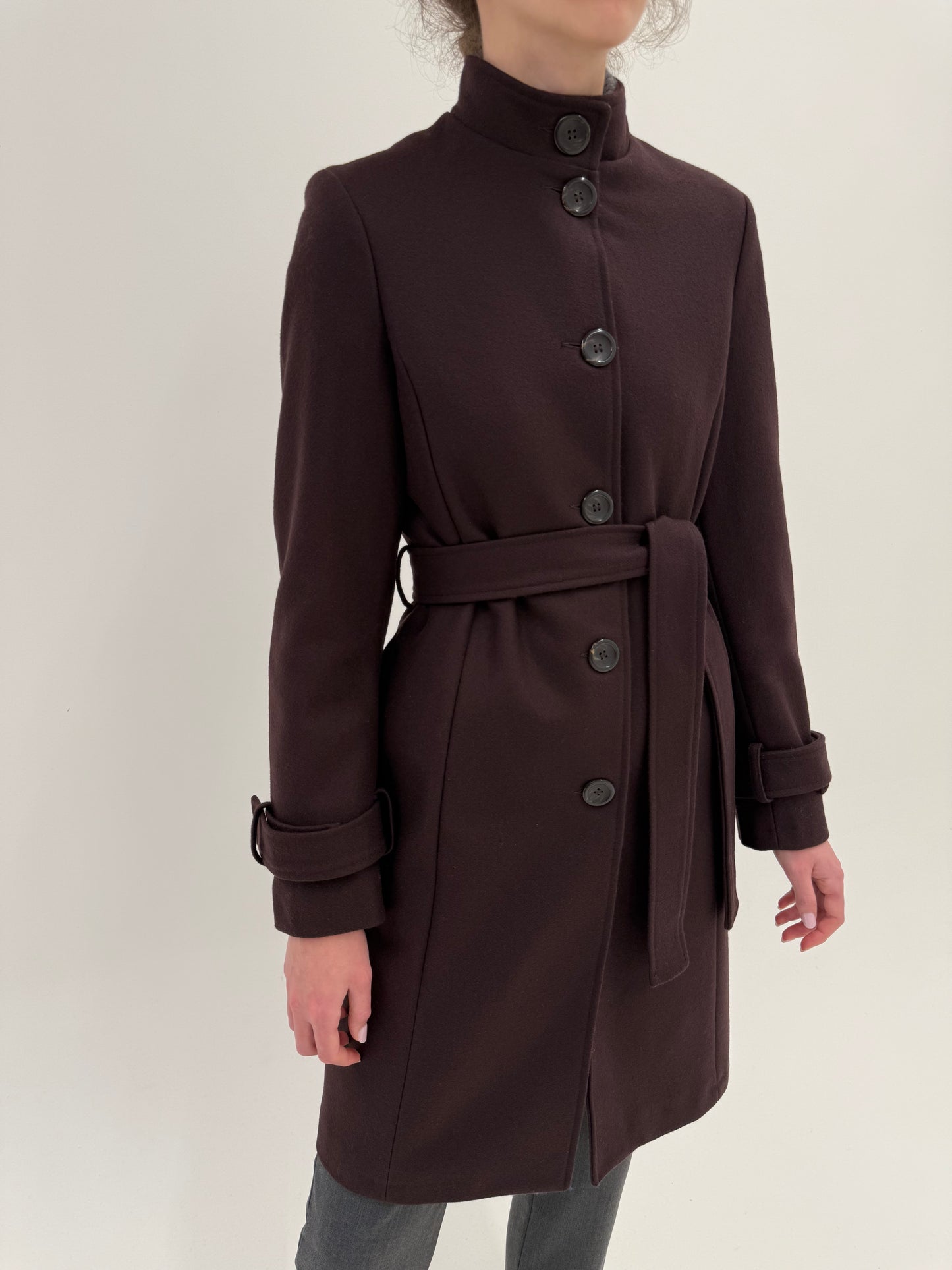 Palton cu talie marcată reglabilă chocolate brown din stofă structurată