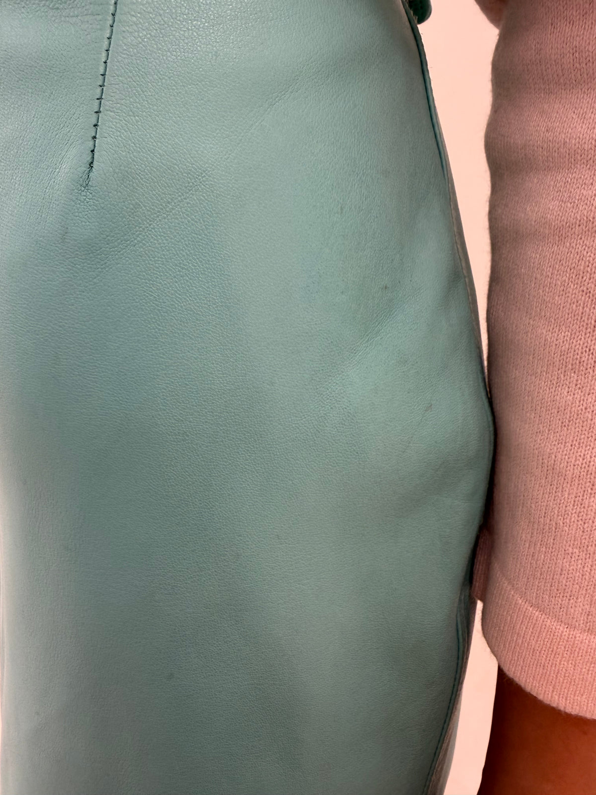 Fustă Versace din piele naturală mănușă aqua green în croi clasic