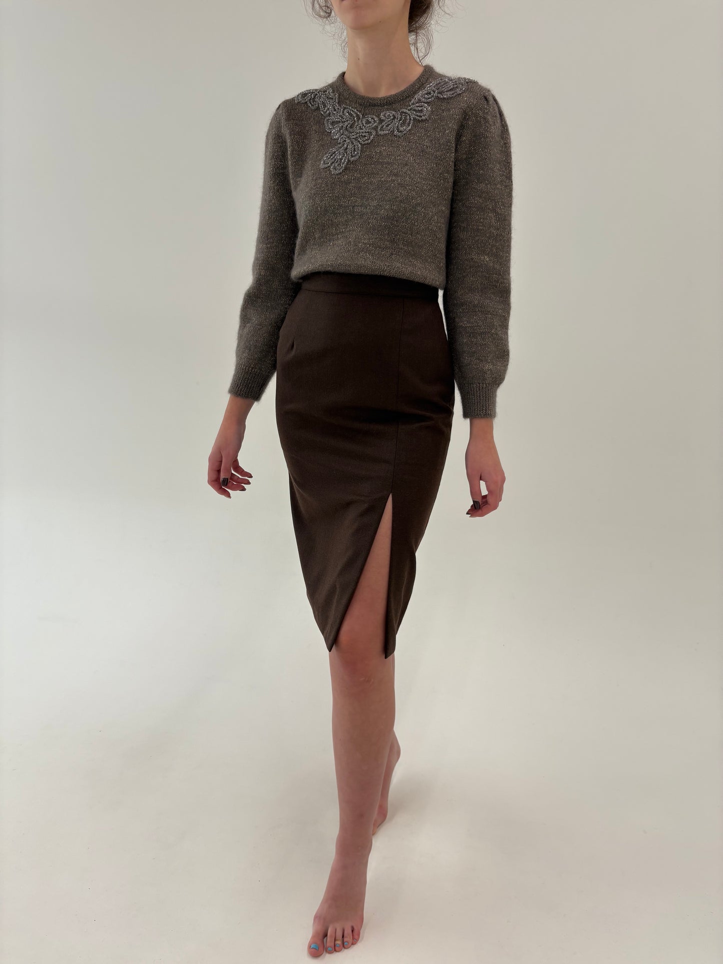 Fustă ultra conică cu talie super înaltă din lana tasmaniana chocolate brown