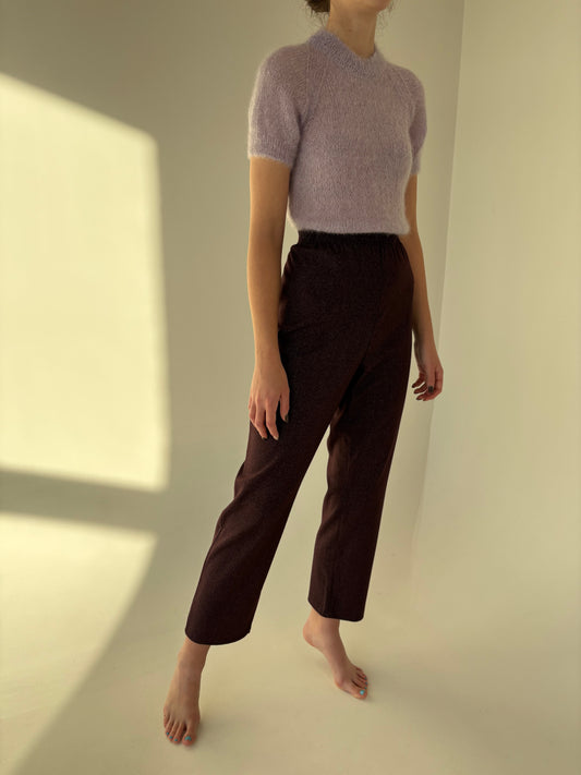 Pantaloni aubergine cu talie ultra înaltă elastică din lana plină extrafina