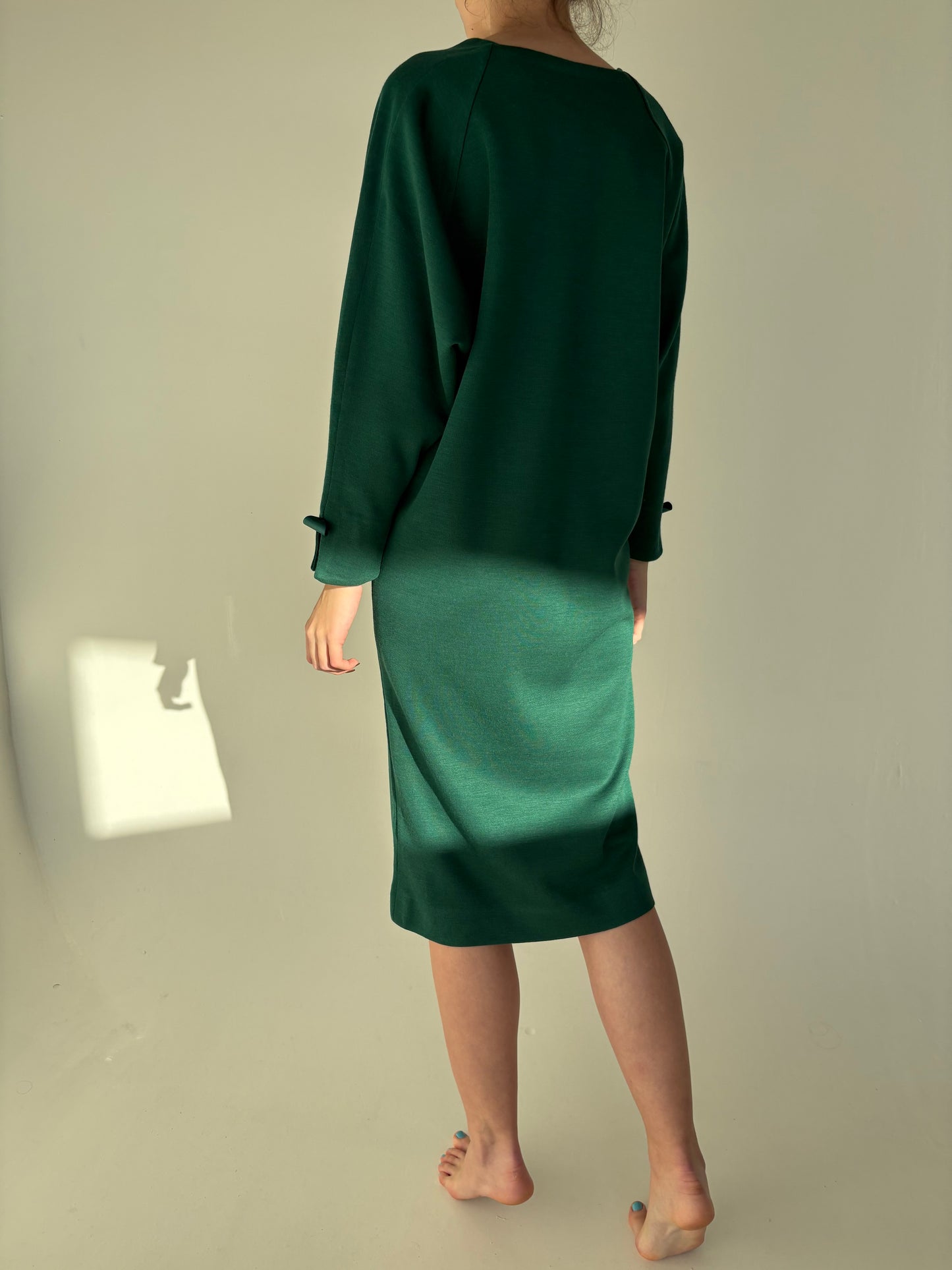 Rochie vintage forest green din lana extrafina cu detalii feminine