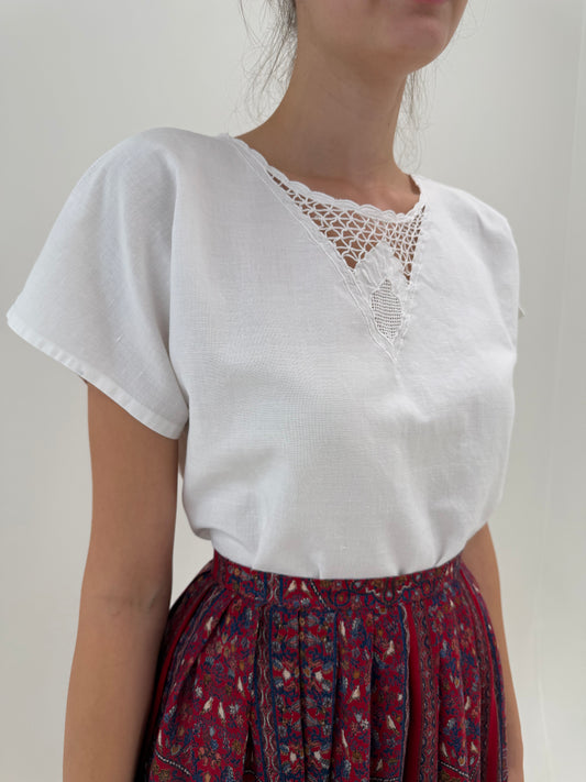Top vintage din pânză excepțională de in și bumbac cu broderie superbă