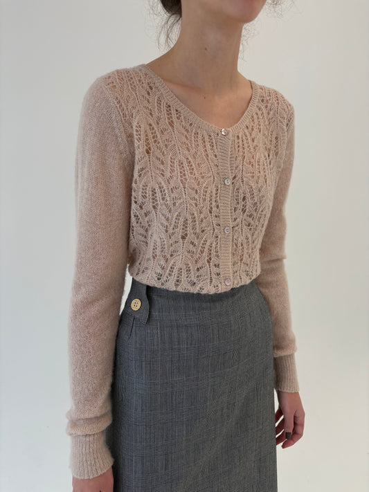 Cardigan tall light nude delicat și dantelat din baby mohair