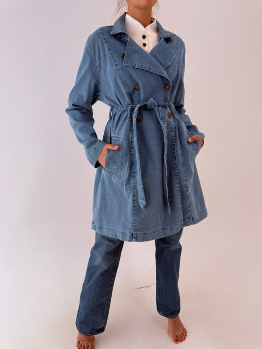 Trench din jeans moale classic wash cu închidere dublă și cordon