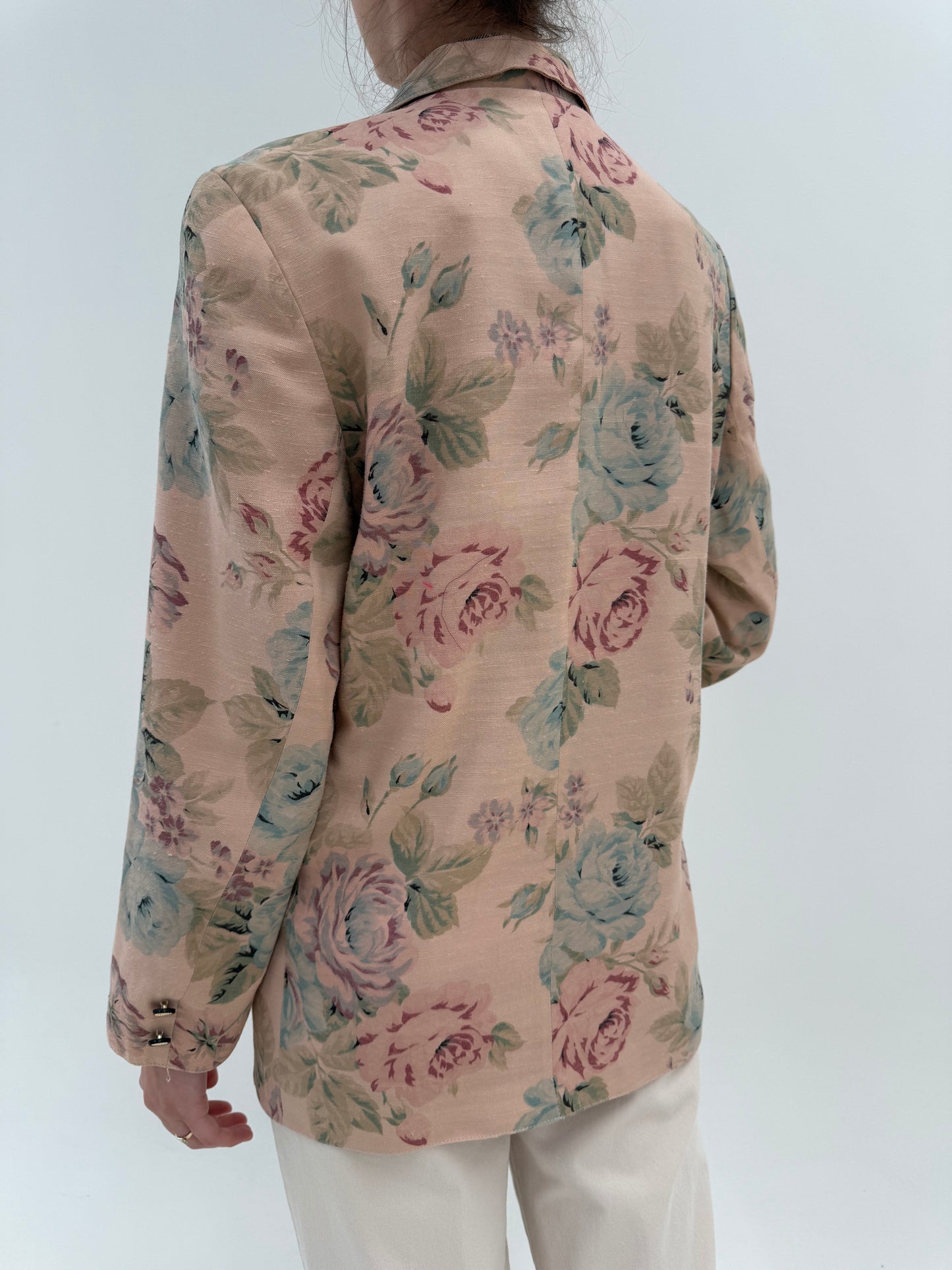 Sacou vintage dusty powder Pink cu print floral superb din pânză de in