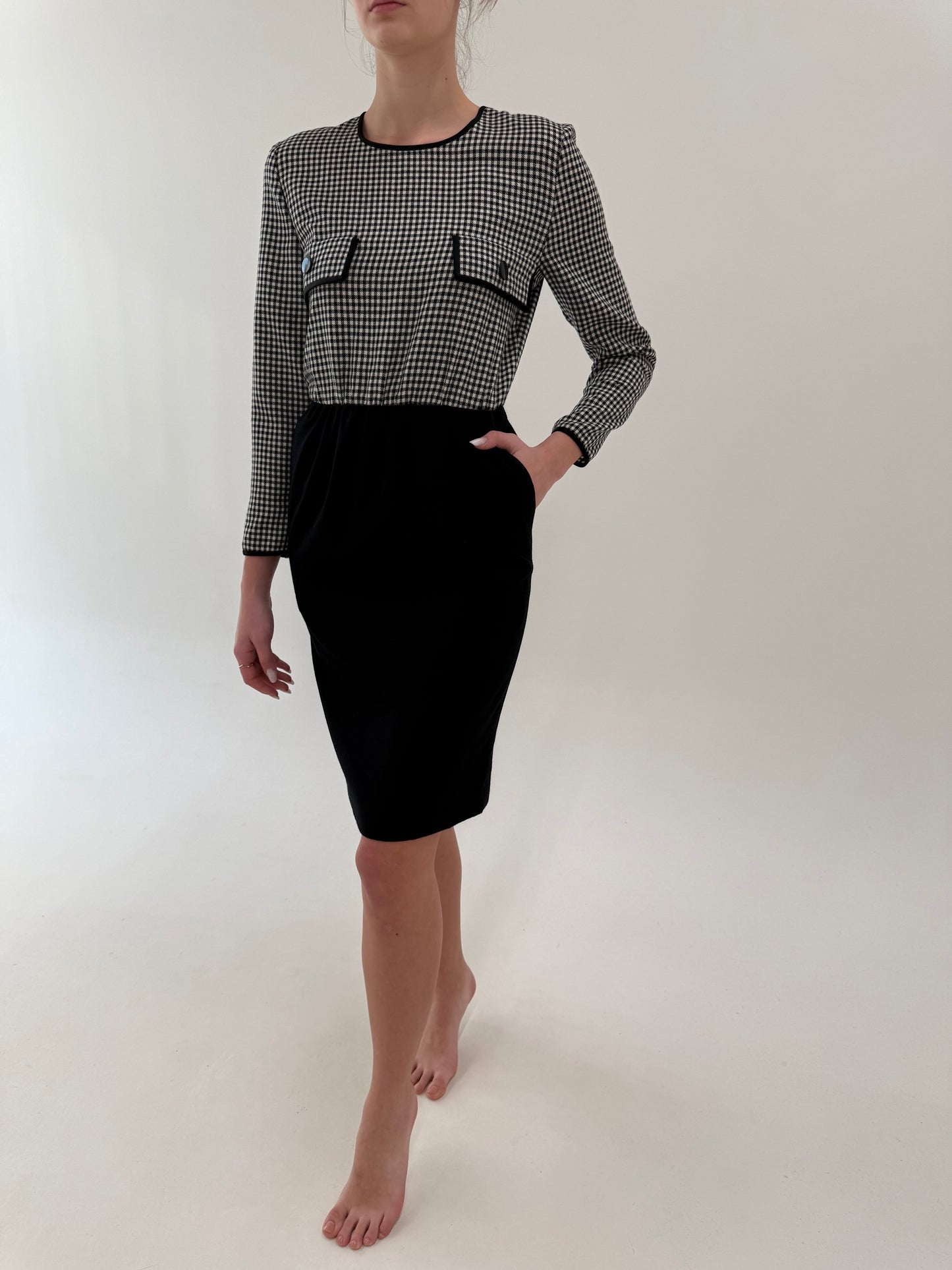 Rochie vintage colorblock cu talie ultra înaltă marcată și buzunare