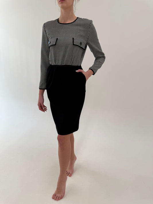 Rochie vintage colorblock cu talie ultra înaltă marcată și buzunare