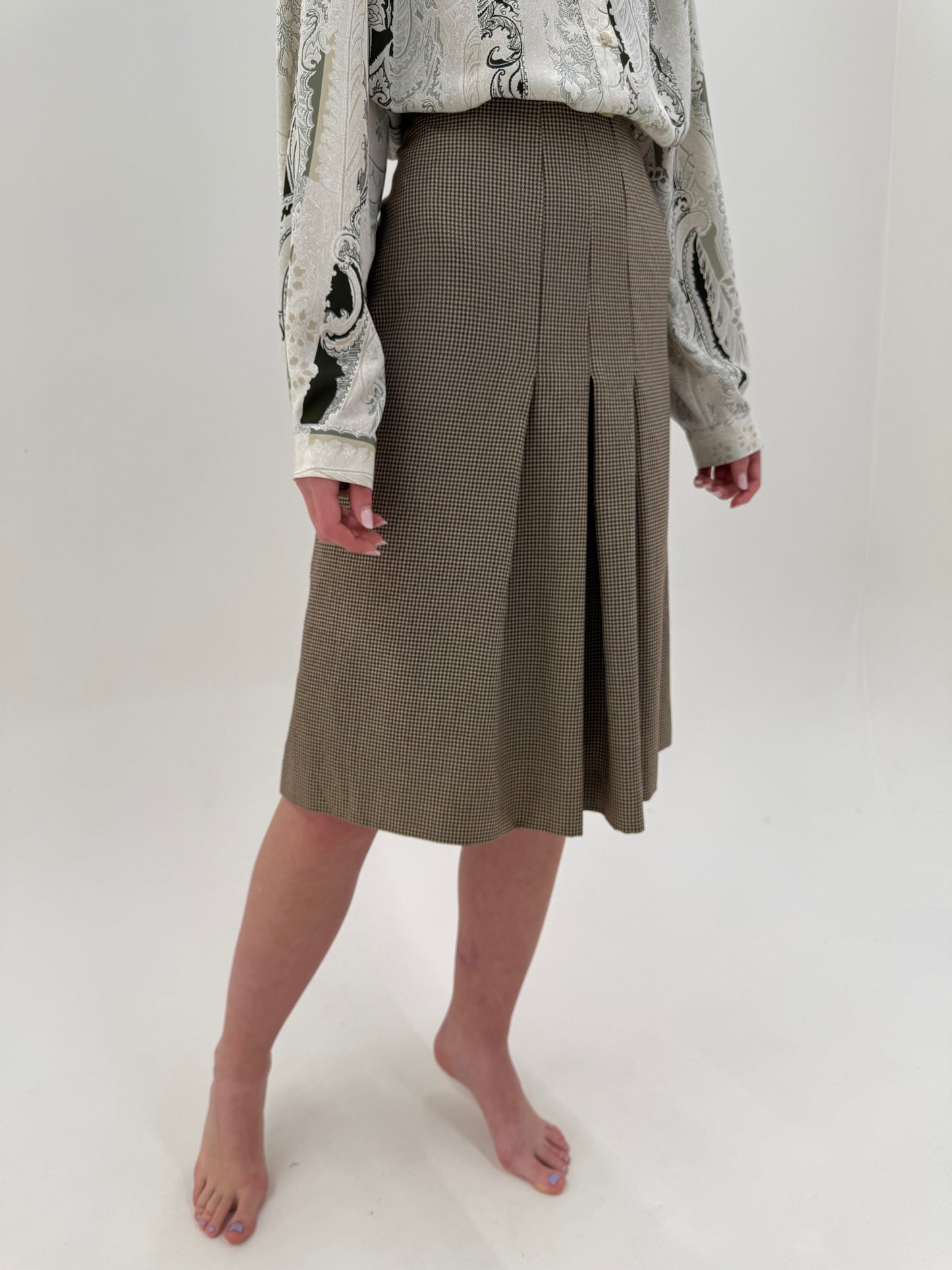 Fustă midi lung plisată din lana extrafina pied de coq chocolate brown