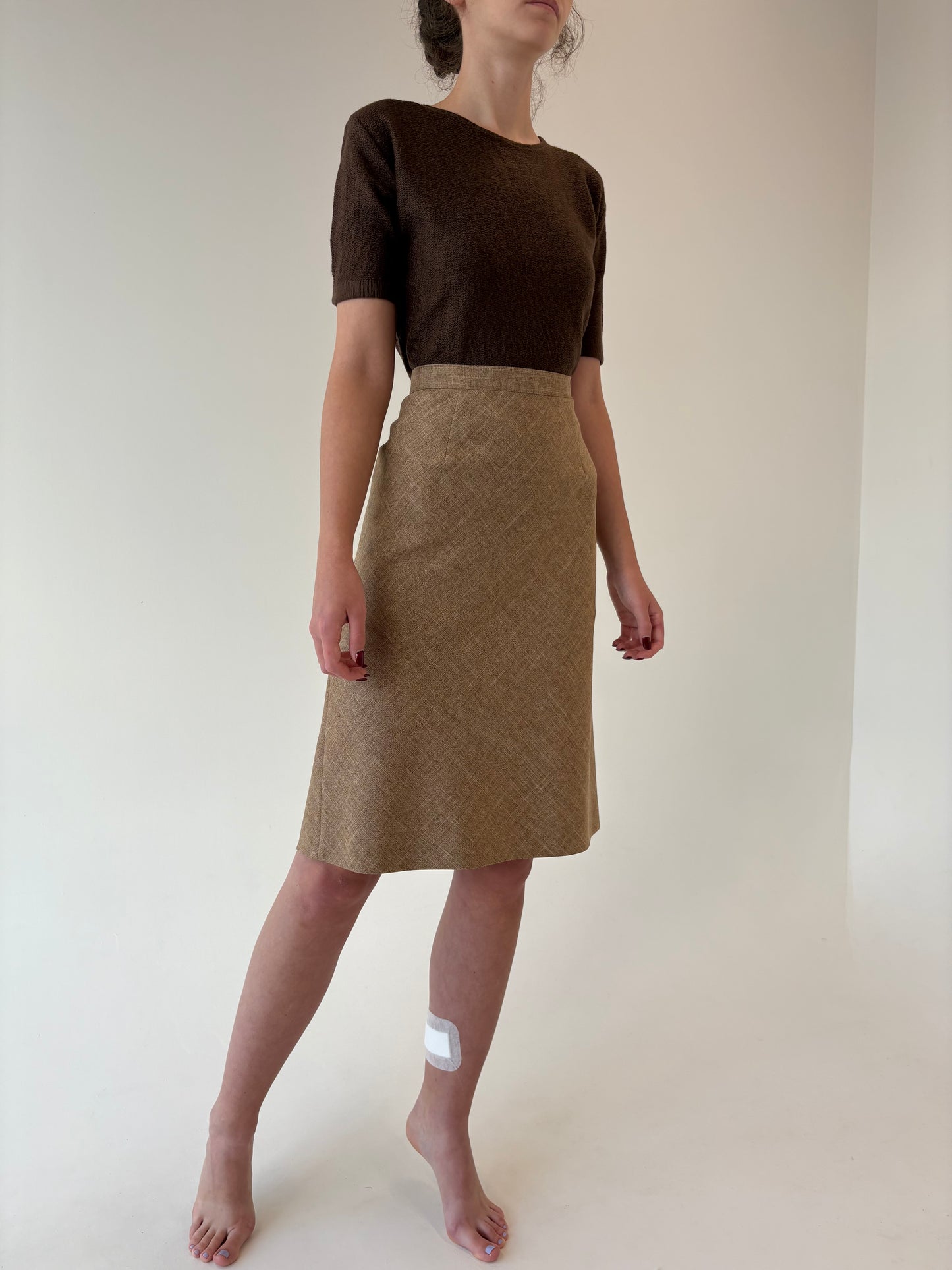 Fustă camel în bie din lana extrafina și vascoza cu talie elastică ultra înaltă