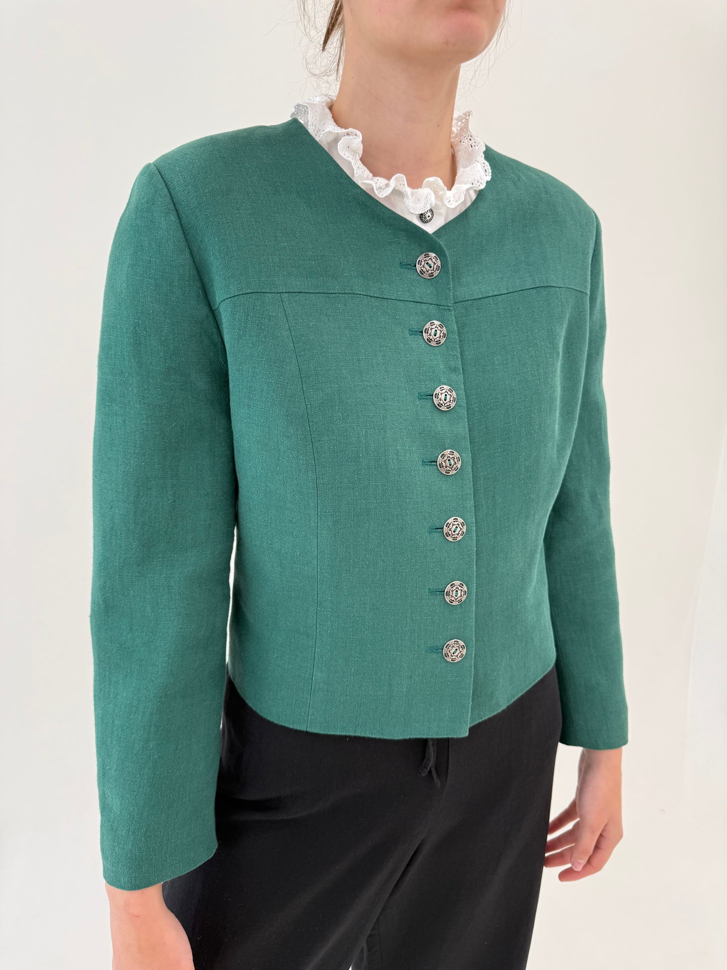 Sacou vintage din pânză de in în croi minimalist verde superb