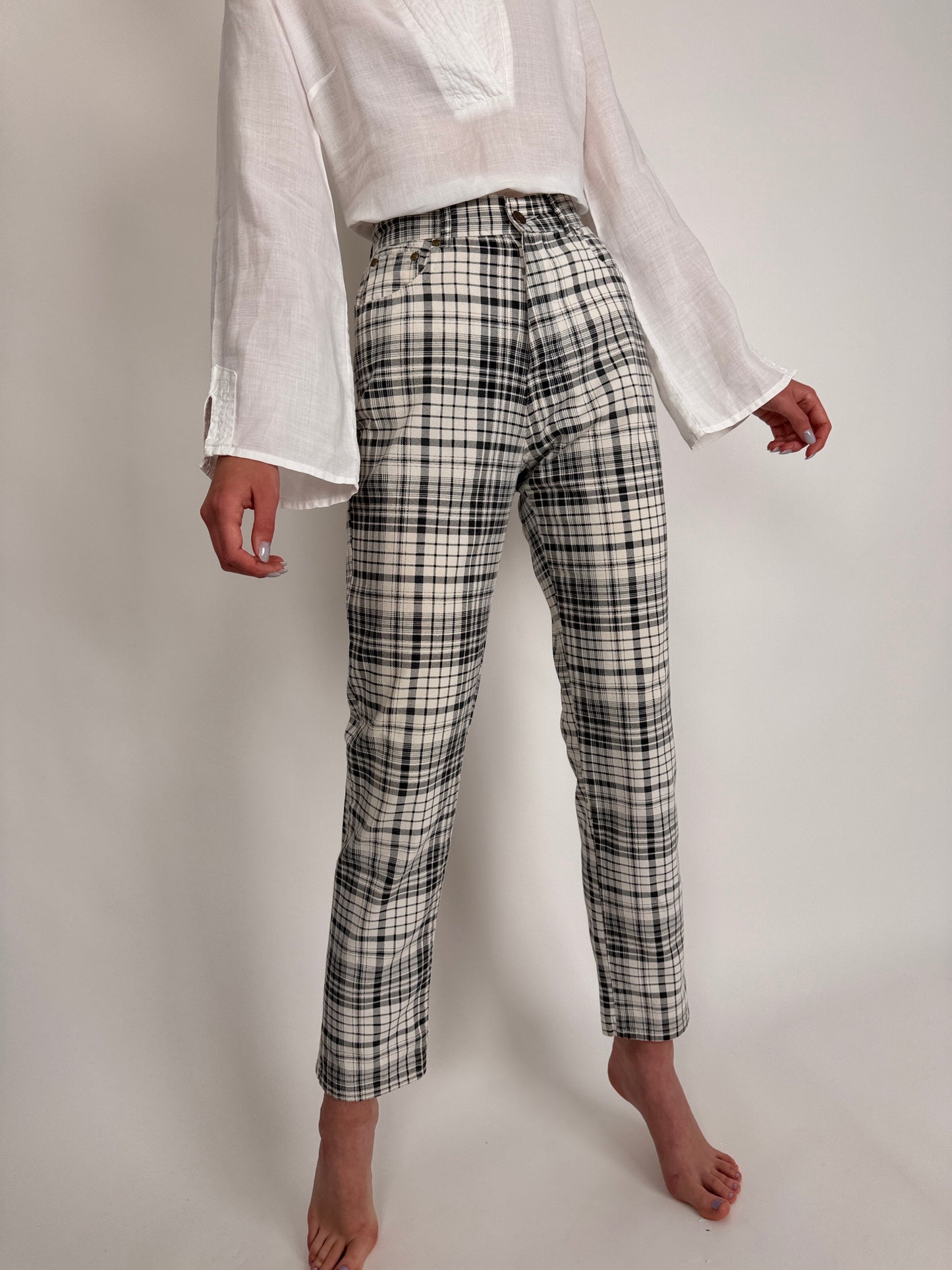 Pantaloni vintage în carouri cu talie ultra înaltă din pânză